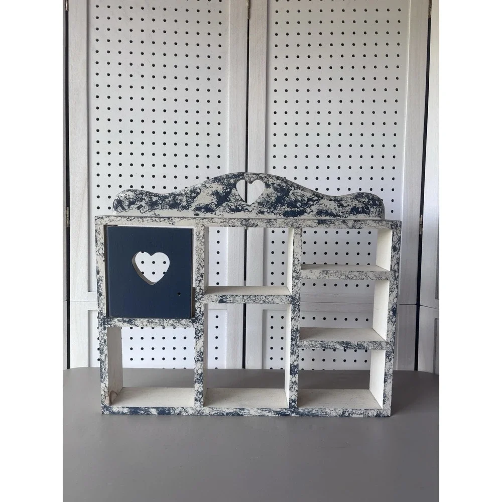 Wooden Heart Cutout Wall Trinket Shelf Rustic Painted Cottacore Blue Ivory